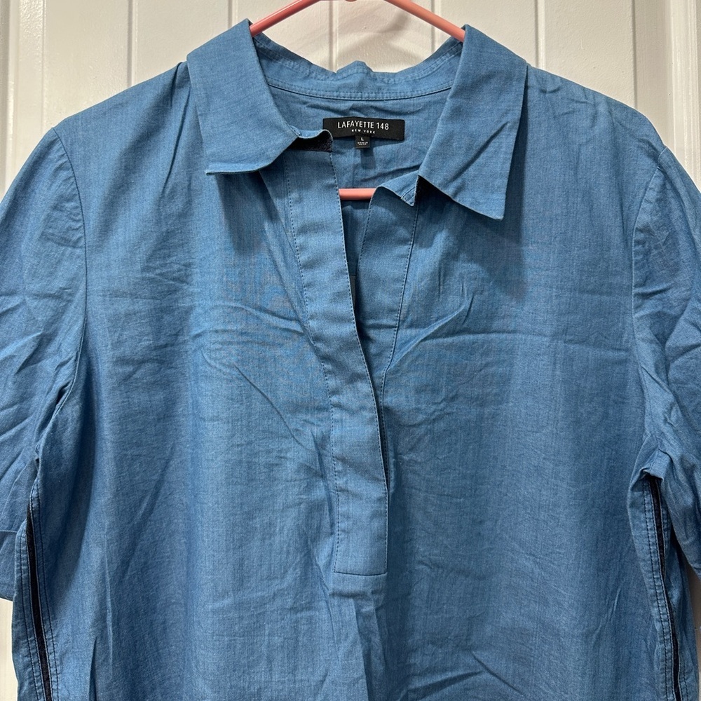 Lafayette 148 New York Casual Blue Button Down Shirt - Picture 3 of 5